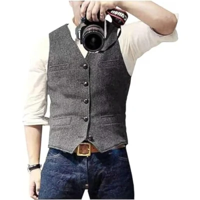 Imagen de Solovedress Traje de espiga lana casual para hombre, chaleco con cuello en V, tweed novios boda, gris/plateado, XL