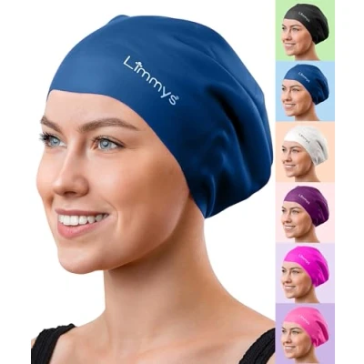Imagen de Limmys Gorro de Natación Adulto con Pelo Largo Piscina 100% Silicona Hombre y Mujer Cómodo, Elástico Gorros (Grande, Azul Oscura)