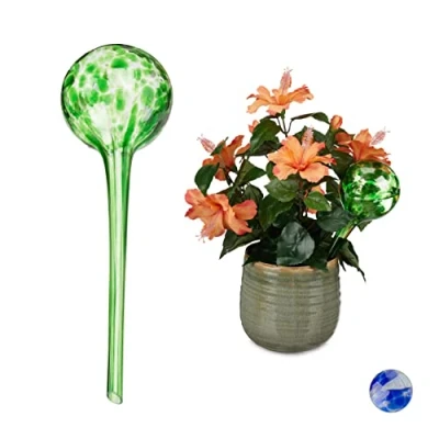 Imagen de relaxdays Globos de Riego, Dispensadores Agua Maceta, Regadores Automáticos, Autoriego, Cristal, Ø 9 cm, Verde, 2 Uds