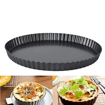 Imagen de Plato redondo para quiche, molde hornear estriado de acero al carbono con fondo suelto extraíble, lata grande antiadherente pasteles, pizzas, pasteles queso, tartas(32cm)