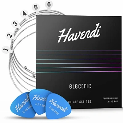 Imagen de HAVENDI® Cuerdas de guitarra eléctrica acero para con revestimiento níquel (juego 6 cuerdas), incluye 3 púas