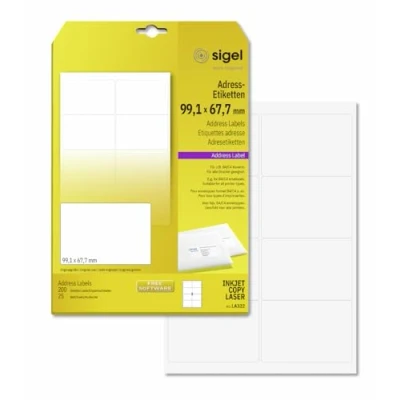 Imagen de SIGEL LA322 Etiquetas para direcciones (Ink/Laser/Copy), 99,10x67,70 mm (A4), 200 Et.=25 hojas
