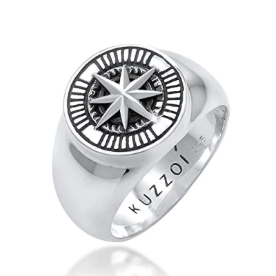 Imagen de Kuzzoi anillo de sello para hombre, redondo, macizo, 15 mm ancho, en Plata ley 925, negro oxidado con símbolo brújula, hombres tamaño 60 66, 0605832820,