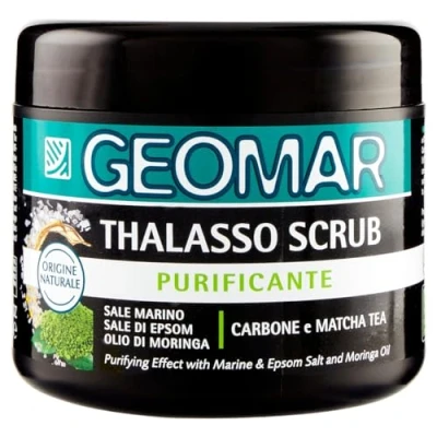 Imagen de GEOMAR Thalasso Exfoliante Purificante, Con Sal Marina, Sales de Epsom, Aceite Moringa y Extractos Carbón Té Matcha, 95% Origen Natural, Made in Italy, 600 g