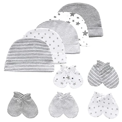 Imagen de Gorro y manoplas para bebé, conjunto de 5 sombreros bebés, niños niñas, edades 0 a 6 meses, 100% algodón, gris, meses