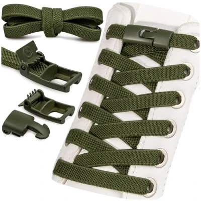 Imagen de SULPO cordones sin atar elásticos, de goma planos, cierre rápido, tiras, para adultos y niños, 2 pares, verde oliva, talla única