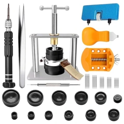 Imagen de GLDCAPA Herramienta Cambiar Pilas Reloj, Prensa de Tapa Destornillador Relojero, Kit Herramientas Abrir Relojes, Correa Reparacion Relojes