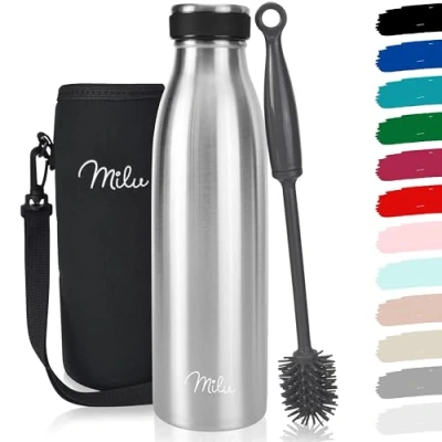 Imagen de Milu Termo Botella de Agua 500ml, 750ml, 1l Acero Inoxidable Aislamiento Vacío Doble Pared Libre BPA (Gris, 500ml)