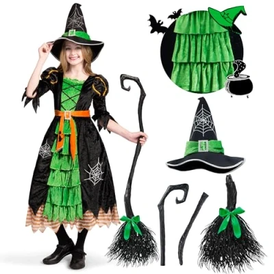 Imagen de Spooktacular Creations Disfraz de Bruja Verde Cuento Hadas con Sombrero para Niñas