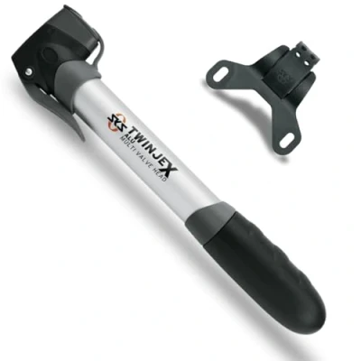 Imagen de SKS Germany TWINJEX ALU minibomba, Bomba de Aire para Bicicleta, Incl. Soporte (Aluminio, conexión válvula: AV, SV, DV y Multi Valve, presión máx.: 10 Bar / 144 PSI), Negro/Plata