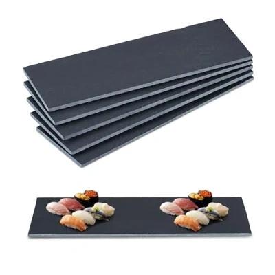Imagen de Relaxdays 6 Placas estrechas de 30 x 10 cm Set Platos Pizarra, Servir Queso y Postres, Bandejas Piedra Inscribibles, Antracita
