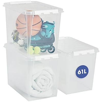 Imagen de SmartStore Cajas de almacenamiento grandes plástico 61 litros con tapa, paquete 3, reforzadas, transparentes, 10 años, aptas para alimentos, cierre clip, apilables y encajables, 59 x