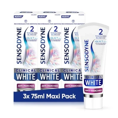 Imagen de Sensodyne Clinical White Antimanchas, Pasta de Dientes Blanqueante Sensodyne, Sabor a Menta, Protección Frente la Sensibilidad, Pack 3x75 ml