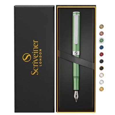 Imagen de Scriveiner Pluma Estilográfica EDC Lujosa (Fina), Magnífica de Bolsillo Verde Mate con Acabado Cromado, Plumín Alemán Schmidt, Convertidor, Set Regalo Diseño para Hombre y Mujer