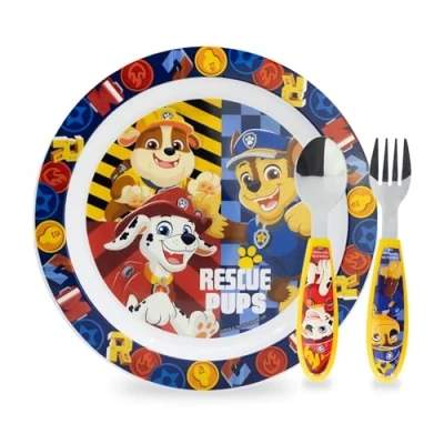 Imagen de Sorrisini Vajilla infantil Paw Patrol reutilizable apta para microondas niños y bebés Juego de desayuno 2 cubiertos, tenedor, cuchara acero inoxidable plato sin BPA