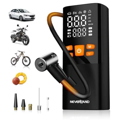 Imagen de NEVERLAND Compresor Aire Portatil 150 PSI 16000mAh Mini Inflador Ruedas Coche, Electrico Para Coches, Motos, Bicicletas y Pelotas, USB C recargable, linterna LED, función Powerbank.