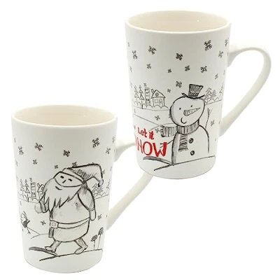 Imagen de Dekohelden24 Juego de 2 tazas porcelana para Navidad, diseño muñeco nieve y Nicolás (12,5 x 8 cm, capacidad aprox. 425 ml, apto lavavajillas