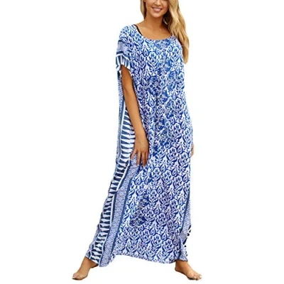 Imagen de YouKD Caftan Flojo Estampado Verano Floral Boho Vestido de Bikini Playa Bata Talla Grande para Mujer