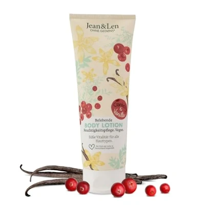 Imagen de Jean&amp;Len Loción corporal arándanos y vainilla, textura ligera, absorbe rápidamente, apta para todo tipo de pieles, fórmula con pH ideal, crema la piel, sin parabenos ni siliconas, vegana, 250 ml