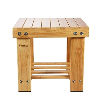 Imagen de Yoassi Taburete de Bambú Natural Banco para Baño con Estante Almacenamiento Niños y Adultos,27 * 23 25cm Banqueta Multifuncional Ducha