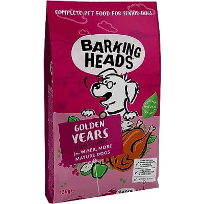 Imagen de Barking Heads Comida Seca para perros mayores Golden Years Pollo de corral y pescado 100% natural sin aromas artificiales, Niveles grasas proteína óptimos mayores, 12 kg