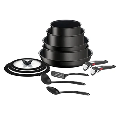 Imagen de Tefal Ingenio Unlimited On Dos Sartenes Antiadherentes 24,28 cm, Cazos 16,20 Guisera 24 Revestimiento Titanio, Thermo Signal, Negro