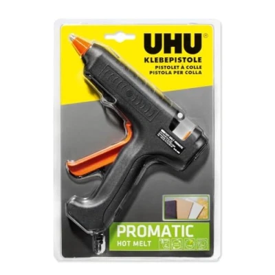 Imagen de UHU Pistola de pegamento Promatic Hot Melt alto rendimiento para manualidades y reparaciones, incluye 3 cartuchos