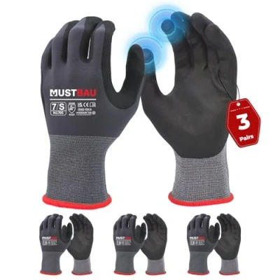 Imagen de Mustbau 3 Pares de Guantes Trabajo con Pantalla Táctil, Nitrilo Resistentes a la Abrasión, Excelente Agarre Adecuados para Jardinería, Mecánica, Construcción (Gris,S)