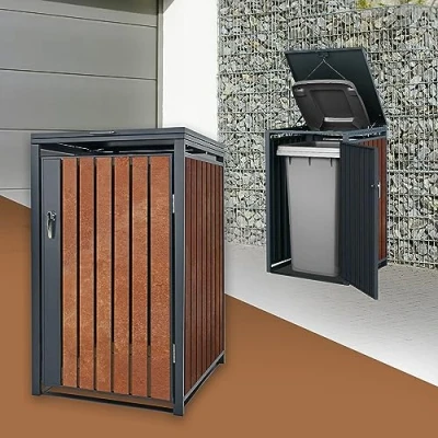 Imagen de ML Design Cobertizo para Ocultar Cubo de Basura 240L Antracita Aspecto Marrón Óxido Rojizo 68x80x116,3 cm Caseta Acero Jardín Exterior Contenedor Resistente Caja con Tapa Abatible y Cerradura