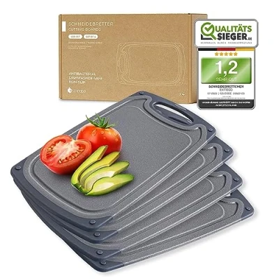 Imagen de Exitoso juego de 4 tablas desayuno, con surcos para zumos, aptas lavavajillas, color gris, tabla cortar, plástico, antideslizante, sin BPA, desayuno