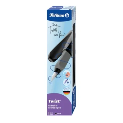 Imagen de Pelikan Twist Black, Pluma Estilográfica Ergonómica, para Diestros y Zurdos, la Escuela Oficina, Plumín M de Acero Inoxidable, Cartucho Azul Largo Incluido, Recargable