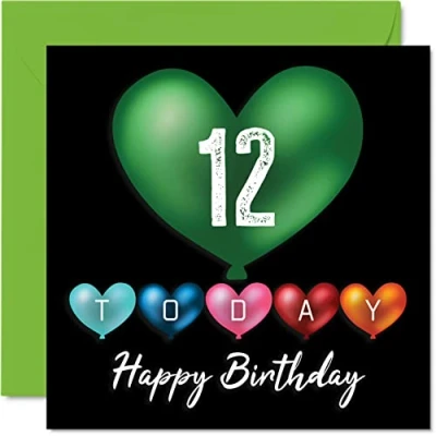 Imagen de Stuff4 Divertidas tarjetas de cumpleaños 12 para niños y niñas, globos corazón, tarjeta feliz hijo, hija, hermano, hermana, nieto, nieta, sobrina, sobrino, primo,