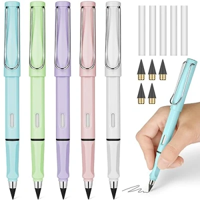 Imagen de Ainiv Lapiz Infinito, 5Pz Macarrones Lápiz Infinito con 5 Puntas De Repuesto Sin Tinta y Borradores, Eterno Portátil Reutilizable Borrable, para Escuela, Oficina, Dibujo