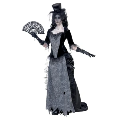 Imagen de Smiffys Disfraz de viuda negra Ghost Town, Gris, con parte arriba, falda y sombrero