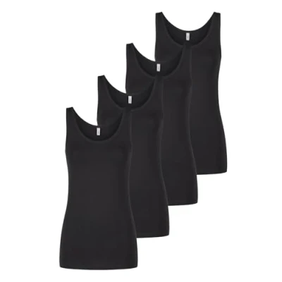 Imagen de ONLY Top Damen Sommer Regular Fit Onllive LUV Tank 4er Pack Basic Rundhals Trägershirt Ärmellos Tops Einfarbig Schwarz Weiß Beige Rot Grün Blau Navy S M L XL XXL, 1 (Black), XXL