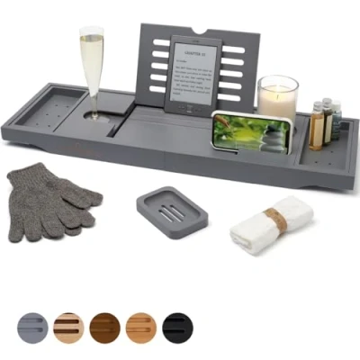 Imagen de Temple Spring Bandeja para bañera (Madera), diseño con candelabro, Copas de Vino, Libros, tabletas, iPad y teléfono, Puente Extensible Ajustable, 100% bambú, Color Natural (Gris)