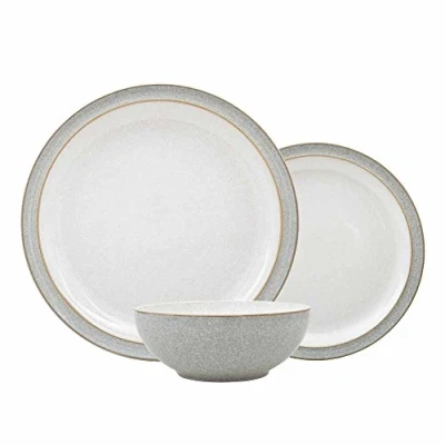 Imagen de Denby Elements vajilla gris claro para 4 Juego de cerámica 12 piezas Apto lavavajillas y microondas platos llanos, medianos, cuencos cereales