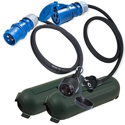 Imagen de IntuiFlex CEE 1,5 m Juego de Adaptador Enchufe Camping con Cajas protección Cables m, Cable H07RN F 3x2,5 mm² 230V 16A, Autocaravana Schuko/Shuko Caja Seguridad IP44