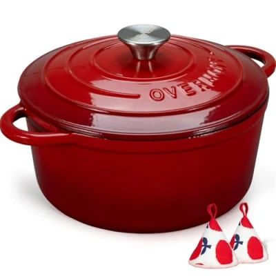 Imagen de Overmont Olla de Hierro Fundido Antiadherente Cacerola Holandesa Esmaltado con Tapa Ø26 CM Redonda para Cocinas Inducción Rojo