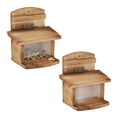 Imagen de Relaxdays Comedero Ardillas, 2 Unidades, Madera Quemada, Casita con Techo Abatible y Ventana, para Colgar, Natural, 21 x 20 14.5 cm