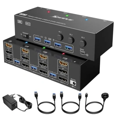 Imagen de conmutador KVM para 3 computadoras y monitores, Switch HDMI + DisplayPort USB 3.0, de triple monitor 8K@30Hz/4k@144Hz PC