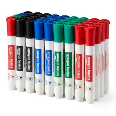 Imagen de Amazon Basics Rotuladores de punta fina, borrado en seco y poco olor para pizarra blanca, 4 colores surtidos,36 unidades