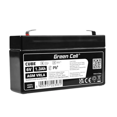 Imagen de Green Cell® batería de Plomo AGM VRLA 6 V y 1,3 Ah, Plomo, Gel, Resistente a los ciclos, Juguete eléctrico, Alarma, Corriente Emergencia, para niños, Quad Infantil