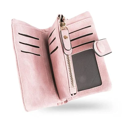 Imagen de conisy Cartera Mujer Pequeña con protección RFID, Gran Capacidad Corta Monedero de Suave Cuero Correas Muñeca (Rosa)