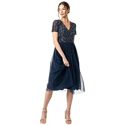 Imagen de Maya Deluxe Vestido de Noche Midi Adornado para Mujer, Cuello En V con Manga Corta Graduación, Boda Dama Honor, Azul Marino, 36
