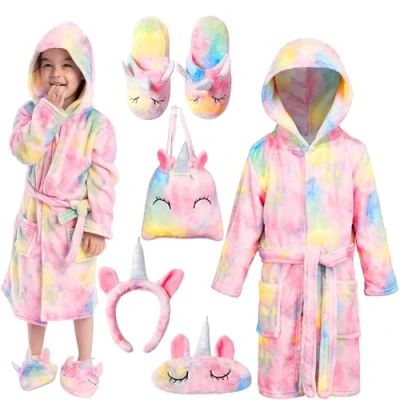 Imagen de JOYIN Albornoz con capucha de unicornio, venda, bolsa, zapatillas y diadema rosa Large