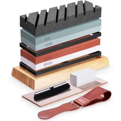 Imagen de FAOKZE Profesional piedra Afilar Cuchillos, Kit de 400/1000 3000/8000 Grit para Cuchillos Cocina, Con Base Antideslizante Bambú, Guía ángulo y aplanamiento
