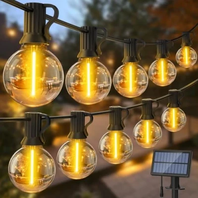 Imagen de Exterior Jardín Solares Guirnalda Luces: Guirnaldas Luces Solar 15M 50FT 20+2 G40 LED Plástico Bombillas 3 Modos Cadena de IP65 Impermeable para Patio Terraza Fiesta