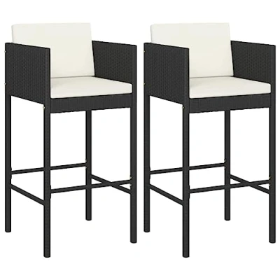 Imagen de vidaXL 2X Taburetes de Cocina con Cojines Casa Bistró Pub Restaurante Mostrador Asiento Reposapiés Silla Alta Bar Jardín Patio Ratán Sintético Negro