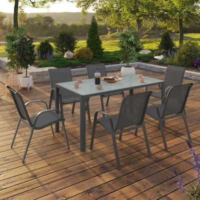 Imagen de Conjunto de muebles jardín MADRID mesa 150 cm y 6 sillas apilables gris antracita tablero claro